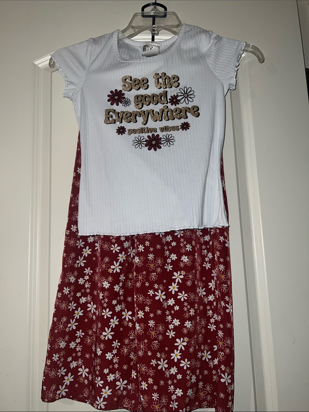 Girls White & Burgundy Floral Kids Matching Set - Positive Vibes Tee and Pants
